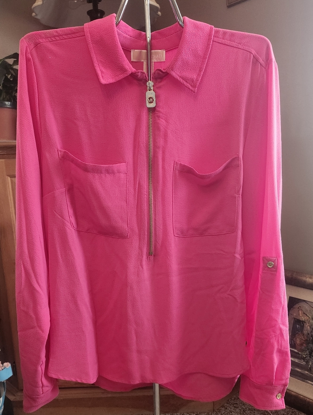 MICHAEL Michael Kors Electric Pink Long Sleeve Gold Front Zipper Crepe Top